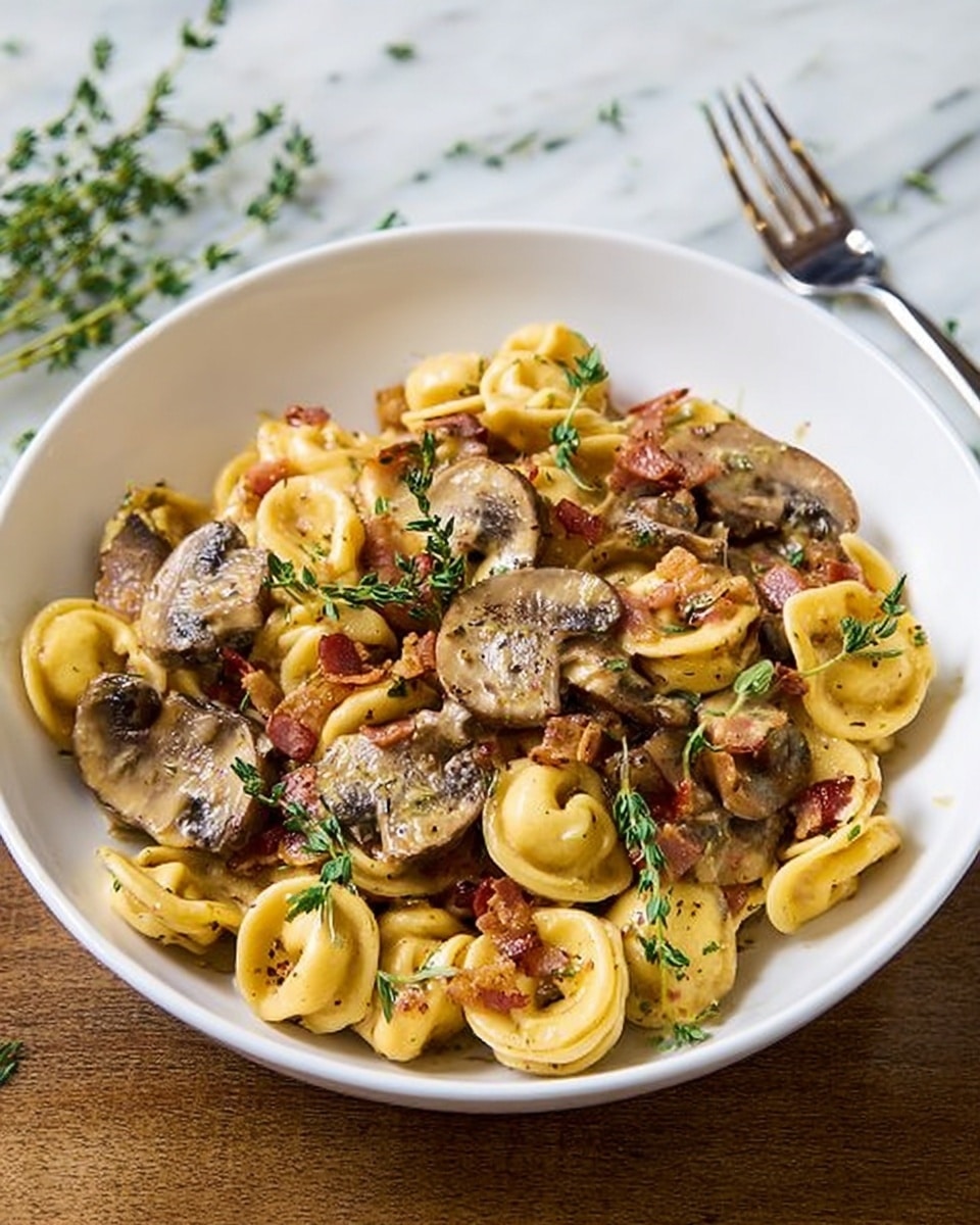 A white shallow bowl filled with orecchiette pasta mixed with sliced brown mushrooms and small pieces of crispy browned bacon, all coated in a light sauce. The dish is garnished with several sprigs of fresh green thyme scattered on top. The pasta has a soft, slightly shiny texture, and the mushrooms vary in size, showing a tender, cooked look with darker spots. The bowl sits on a white marbled surface, with a silver fork placed to the right side, and soft natural light highlighting the warm, comforting colors of the food. Photo taken with an iphone --ar 4:5 --v 7