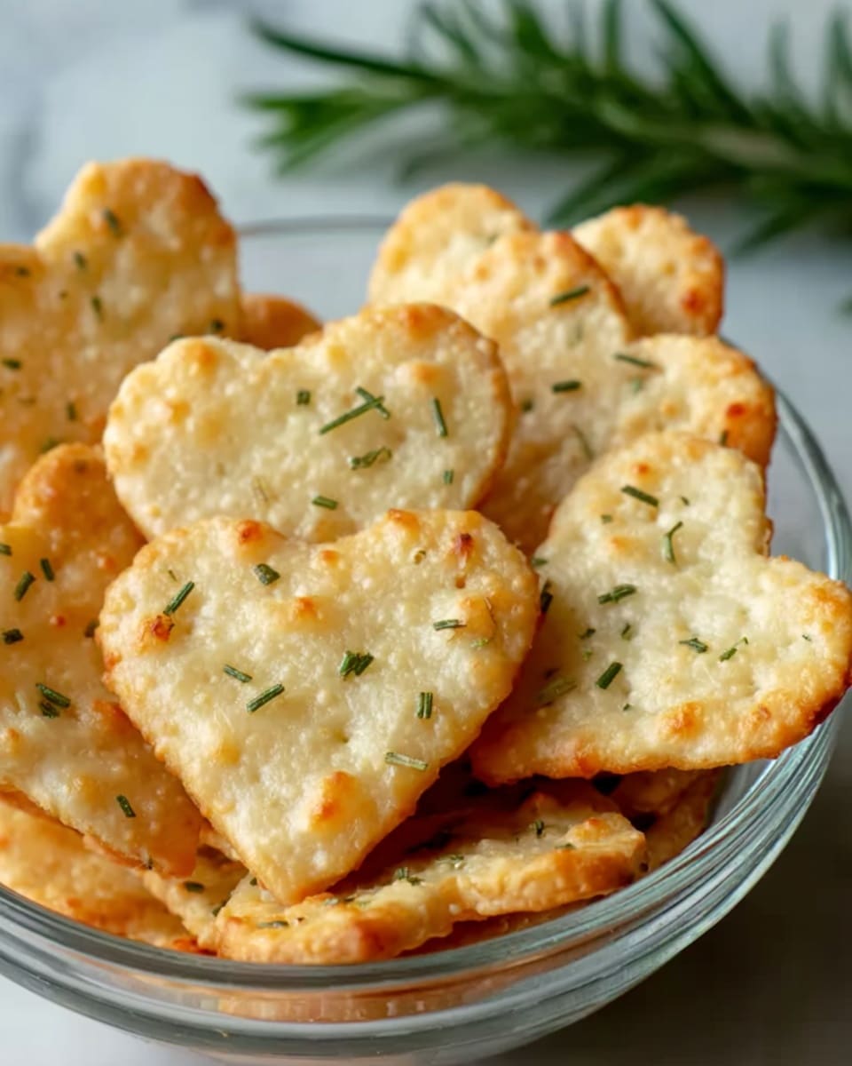 A clear glass bowl filled with several heart-shaped crackers stacked unevenly, each cracker pale golden with slightly darker, toasted edges and small green herb flakes scattered across the surface. The crackers have a lightly rough texture with tiny raised bumps and appear thin and crispy. In the background, a sprig of fresh green rosemary adds a touch of color, resting on a white marbled surface. photo taken with an iphone --ar 4:5 --v 7