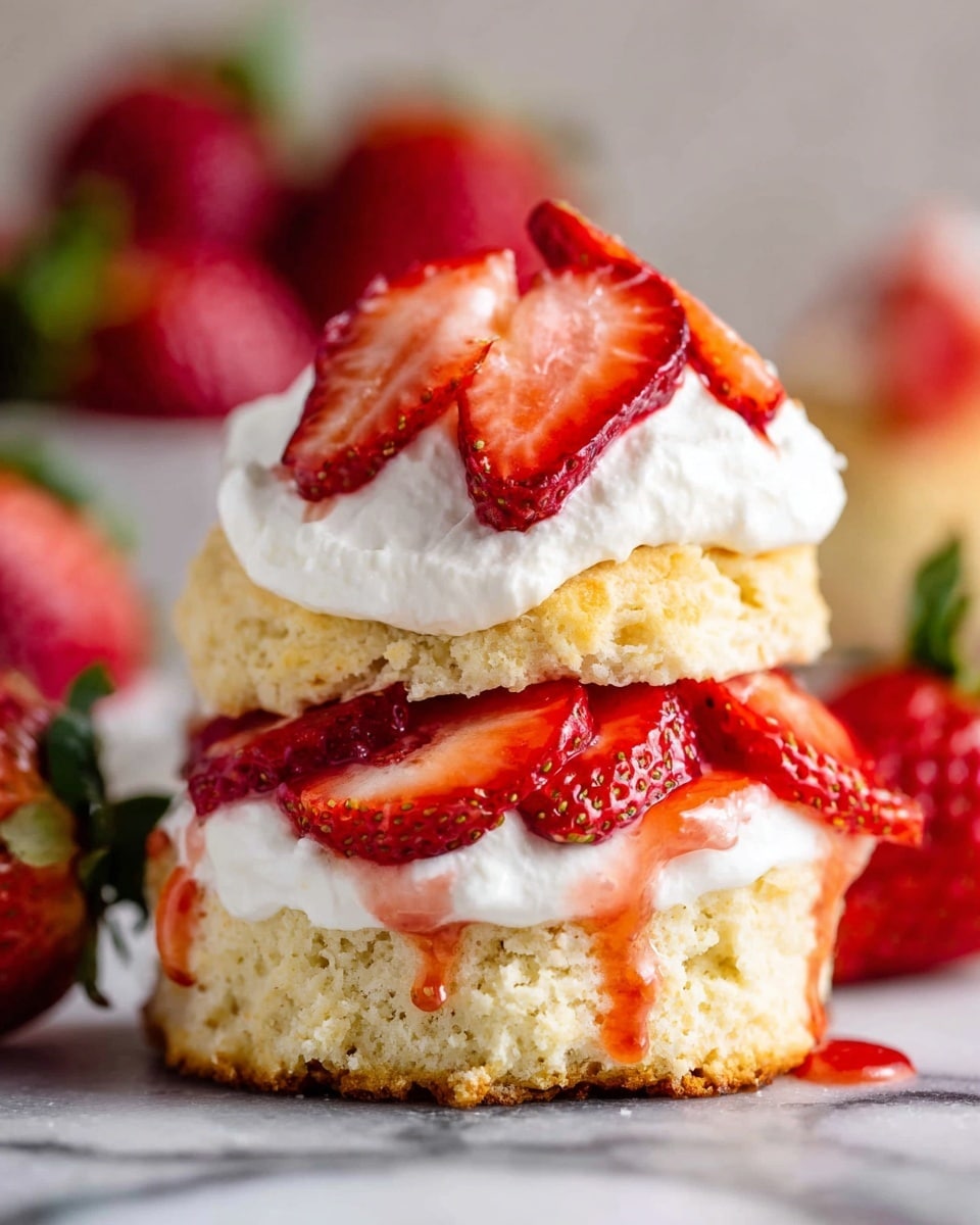 A close-up of a two-layer strawberry shortcake on a white marbled surface, with the bottom layer showing a light golden biscuit base that looks soft and crumbly. The middle layer is thick white cream with sliced bright red strawberries glistening with juice on top of it. The top biscuit layer sits above the strawberries and cream, topped with more sliced strawberries and a dollop of white whipped cream. Some strawberry juice drips slightly down the sides, adding a fresh, juicy look. In the blurred background, fresh whole strawberries are visible, highlighting the dessert’s fresh ingredients. Photo taken with an iphone --ar 4:5 --v 7