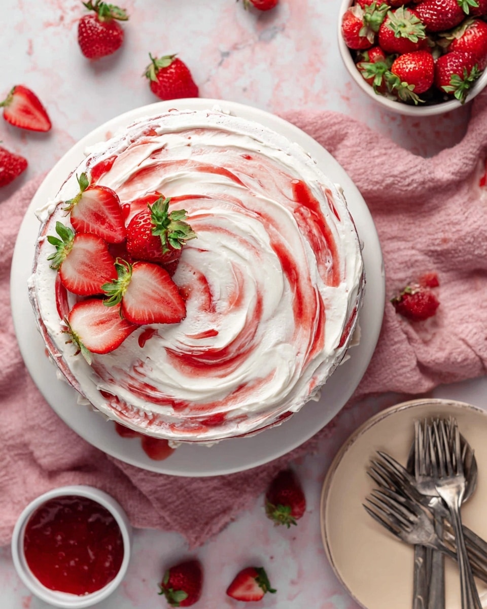 A round cake with one visible layer is covered in white frosting swirled with red strawberry sauce in spiral patterns from the center to the edges. On top, several fresh strawberry halves with green leaves sit near the center left. The cake rests on a white plate, placed on a pink cloth over a white marbled surface. Around the cake are scattered whole and halved strawberries, a small white bowl of strawberry sauce, and a white bowl filled with whole strawberries. Near the bottom right, a beige plate holds three silver forks. photo taken with an iphone --ar 4:5 --v 7