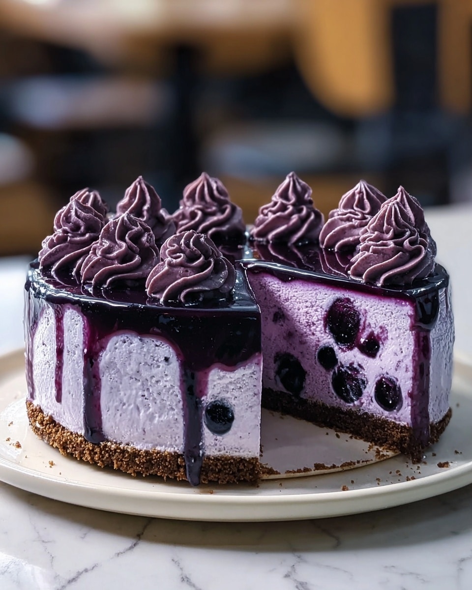 A round cake with three visible layers sits on a round white plate over a white marbled surface. The bottom layer is a crumbly, dark brown crust. Above it, the main middle layer is thick and light purple with a smooth texture, dotted with round dark purple spots that look like fruit pieces. The top layer is a shiny dark purple glaze that flows over the edges unevenly, dripping slightly down the sides. Around the edge of the top are eight evenly spaced swirls of dark purple whipped cream with a soft and textured look. The background is softly blurred, making the cake the clear focus. Photo taken with an iphone --ar 4:5 --v 7