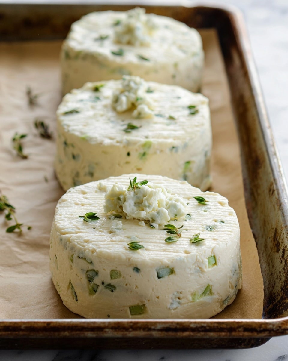 The image shows three thick, round white cheese wheels placed on brown parchment paper inside a metal baking tray with a slightly rusty edge. Each wheel has a smooth, creamy texture with small green herb pieces mixed evenly throughout. The top of the cheese wheels are decorated with small dollops of white cheese and scattered bits of fresh green herbs. The cheese wheels appear soft and moist, with faint crisscross marks on the top surface. The background visible around the tray is a white marbled texture. Photo taken with an iphone --ar 4:5 --v 7