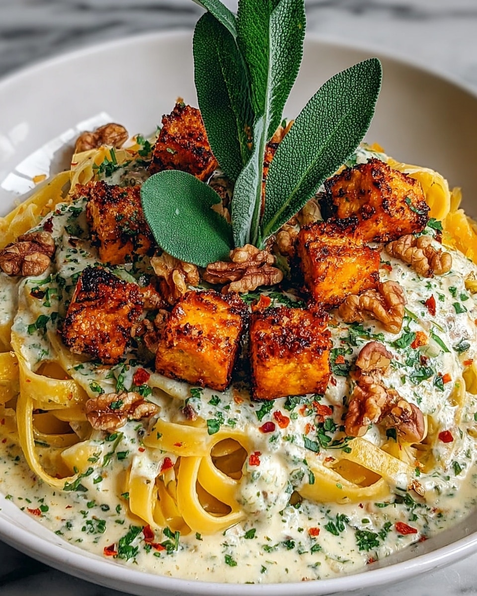 The dish shows a white plate filled with yellow fettuccine pasta forming the base layer, topped with a creamy white sauce sprinkled with finely chopped green herbs and small red chili flakes. On top, there are several golden-brown roasted cubes, likely tofu or paneer, with a crispy texture, scattered unevenly over the sauce. Whole walnut halves sit on the sauce, giving a crunchy contrast. The dish is garnished with fresh green leaves, including sage and parsley, standing upright in the center. The plate sits on a white marbled surface, and the photo is taken close-up with clear detail of textures and colors. photo taken with an iphone --ar 4:5 --v 7