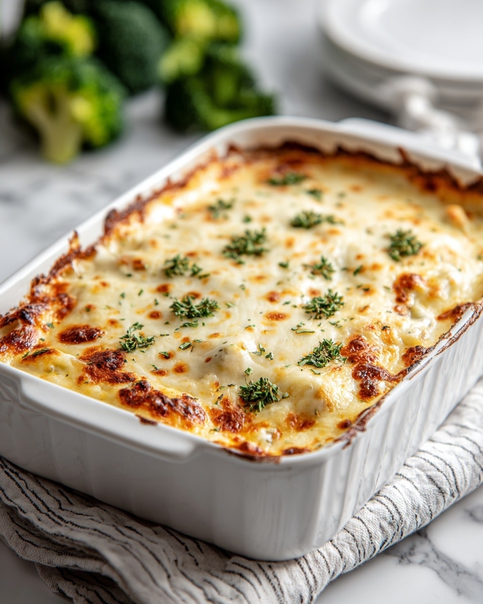 A white rectangular ceramic baking dish filled with a golden-brown baked casserole, topped with melted cheese that has bubbly, lightly browned spots all over. Small green herb pieces are sprinkled evenly on top, adding a touch of fresh color to the creamy cheese surface. The edges of the casserole show some darker caramelized bits where the cheese bubbled up and browned more. The dish is placed on a white marbled surface with a white and gray striped cloth underneath, and blurred green broccoli is visible in the background. photo taken with an iphone --ar 4:5 --v 7