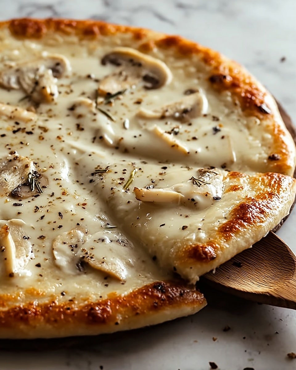 A close-up view of a round flatbread pizza with a golden-brown crust that is slightly puffed and crispy. The top layer is covered with a creamy white sauce that looks smooth and thick, spread evenly across the flatbread. There are thin slices of white mushrooms scattered over the sauce, slightly submerged, with a few black pepper flakes sprinkled on top for texture and contrast. A wooden spoon is partially dipped into the sauce on the right side of the pizza. The whole dish is placed on a surface with a white marbled texture. photo taken with an iphone --ar 4:5 --v 7