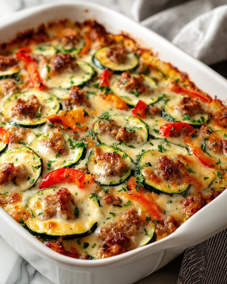 A white baking dish filled with a baked casserole showing several layers: the bottom layer is a light brown cooked mix, topped with thin green zucchini slices arranged evenly, bright orange-red bell pepper pieces scattered on top, and browned small sausage pieces spread across the surface. All the layers are covered with melted, bubbly, golden-brown cheese, with green parsley sprinkles adding a fresh touch. The dish sits on a white marbled surface with a gray and white cloth blurred in the background. photo taken with an iphone --ar 4:5 --v 7