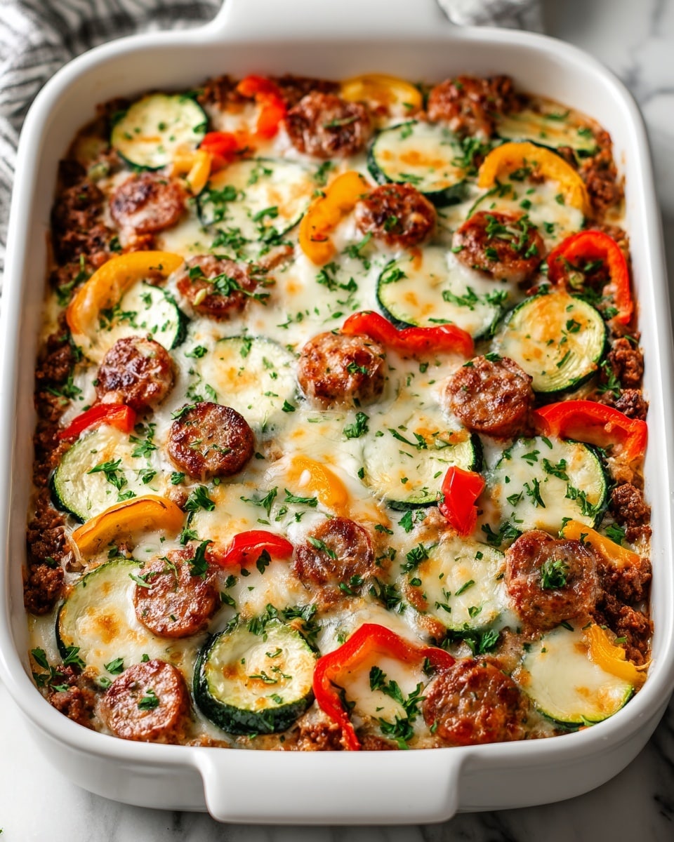 A white baking dish filled with a layered casserole that shows a base of browned ground meat mixed with finely chopped vegetables, topped with slices of green zucchini and red bell peppers scattered evenly across; above these vegetables are golden melted cheese patches and browned round sausage slices with crispy edges, sprinkled with fresh green parsley, all set on a white marbled surface. photo taken with an iphone --ar 4:5 --v 7