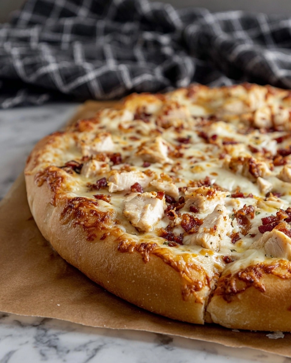 The image shows a close-up of a freshly baked pizza with a thick, golden-brown crust around the edges. The pizza has one main visible layer of melted cheese that is creamy white with some browned, bubbly spots. On top of the cheese, there are pieces of cooked chicken that are light brown and tender-looking, scattered evenly across the surface. Small bits of crispy bacon or similar meat add dark reddish-brown accents. The pizza sits on brown parchment paper placed on a white marbled surface, with a blurred black and white cloth in the background. Photo taken with an iphone --ar 4:5 --v 7