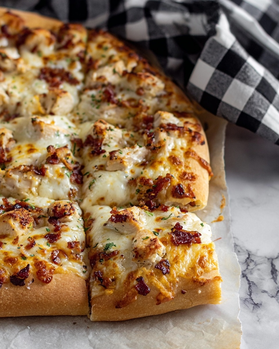 The image shows a close-up of a freshly baked pizza with a thick, golden-brown crust. The pizza is cut into squares, revealing layers that include a light brown crust base, a creamy white sauce or cheese layer, and pieces of cooked chicken and bits of browned bacon spread evenly on top. The melted cheese has some browned spots and slight bubbling, with a sprinkle of green herbs adding a touch of color. The pizza sits on parchment paper against a white marbled texture background, with part of a black and white checkered cloth visible in the distance. photo taken with an iphone --ar 4:5 --v 7