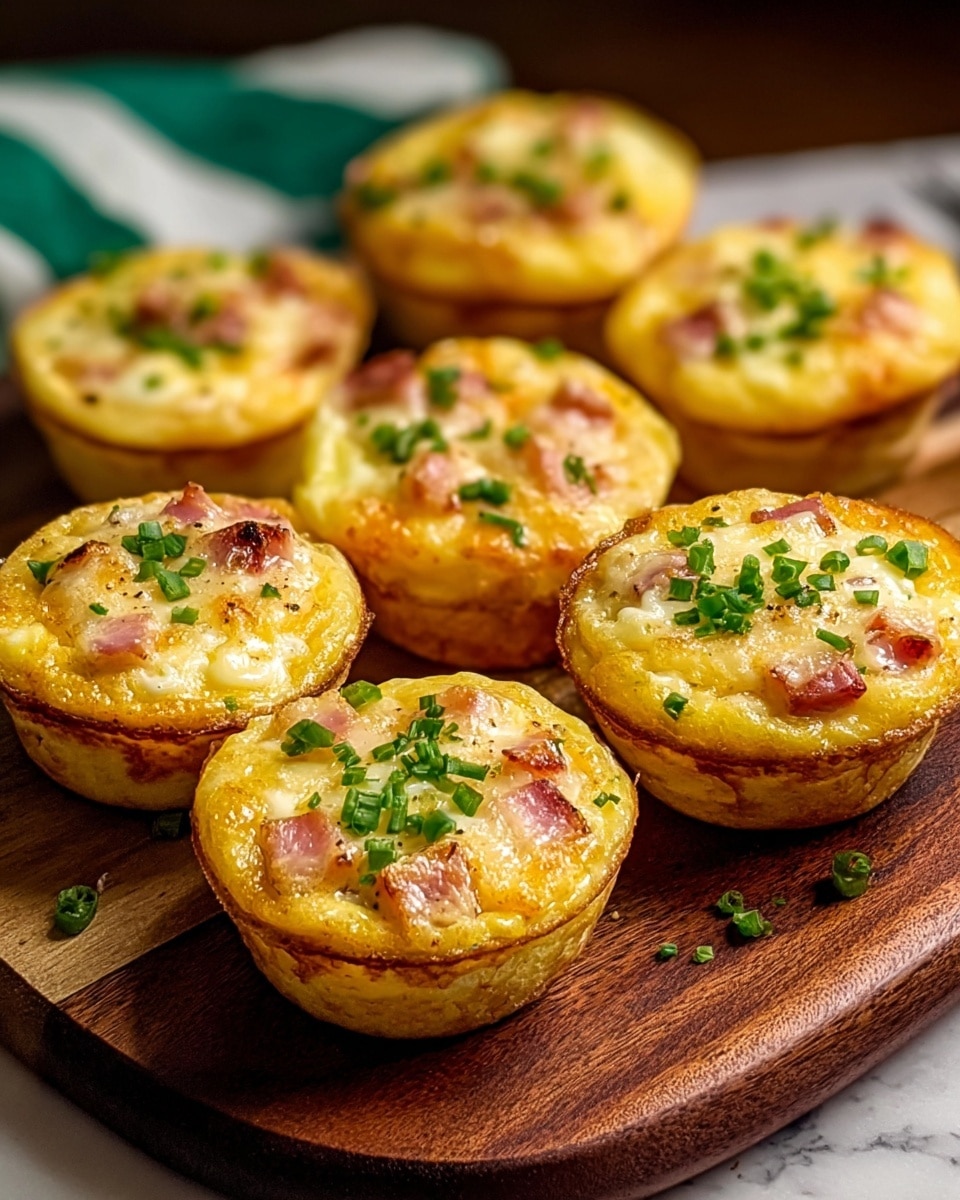 The image shows eight mini egg muffins arranged closely on a dark wooden board, with a blurred green and white cloth in the background on a white marbled surface. Each muffin has a golden-brown crust forming a cup shape as the base layer with some crisp edges. The middle layer is a smooth, yellow cooked egg mixture with small bits of pinkish ham visible inside. The top layer has melted cheese that is slightly browned and bubbly, sprinkled with finely chopped green herbs, and small green onion pieces scattered on the surface. The muffins look warm and inviting, with a soft, fluffy texture inside and a slightly crispy outside. Photo taken with an iphone --ar 4:5 --v 7