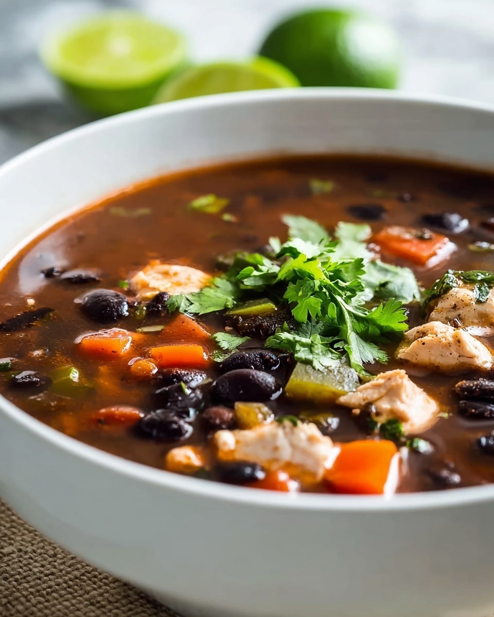 The image shows a bowl of black bean chicken soup in a white bowl with a thin black rim, placed on a wooden board. The soup has dark brown broth filled with chunks of white chicken breast, black beans, and pieces of red tomatoes and green celery. On top, there is a garnish of fresh green cilantro leaves. In the blurred background, there is a white bowl with sliced white radish and a red tomato on a white marbled surface. photo taken with an iphone --ar 4:5 --v 7