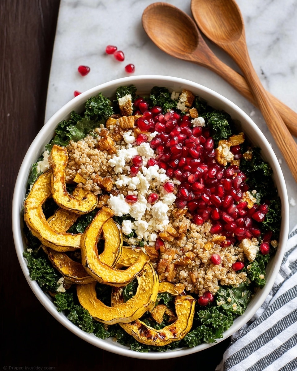 A bowl filled with several layers of food, starting with a base of dark green kale leaves. On top, there are golden roasted squash slices arranged mostly in the center and spread around. Bright red pomegranate seeds are placed in two large sections opposite each other. Two piles of light brown cooked grains sit near the edges. Small clusters of white cheese crumble are sprinkled by the squash and kale. The bowl is white, placed on a white marbled surface with wooden spoons and a striped cloth beside it. Photo taken with an iphone --ar 4:5 --v 7