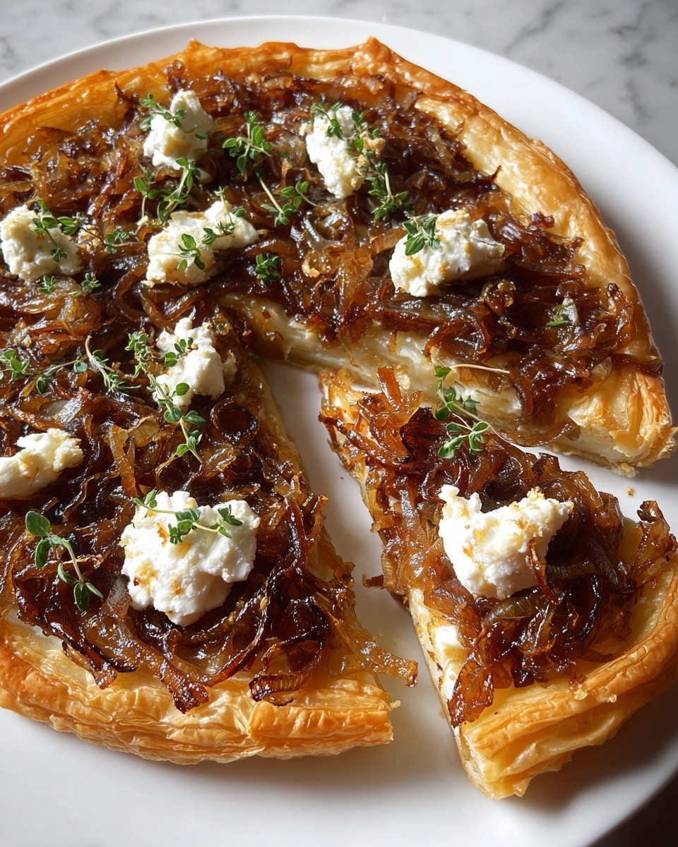 A round tart with a flaky, golden-brown crust forms the base, topped with a thick layer of dark brown caramelized onions that have a glossy texture. Scattered unevenly atop are small dollops of soft white cheese, some slightly browned from baking. Fresh green thyme sprigs are spread over the tart, adding a touch of color. The tart is served on a white plate, placed on a white marbled surface, and has one slice slightly pulled away from the main tart, showing the airy layers of the crust. photo taken with an iphone --ar 4:5 --v 7