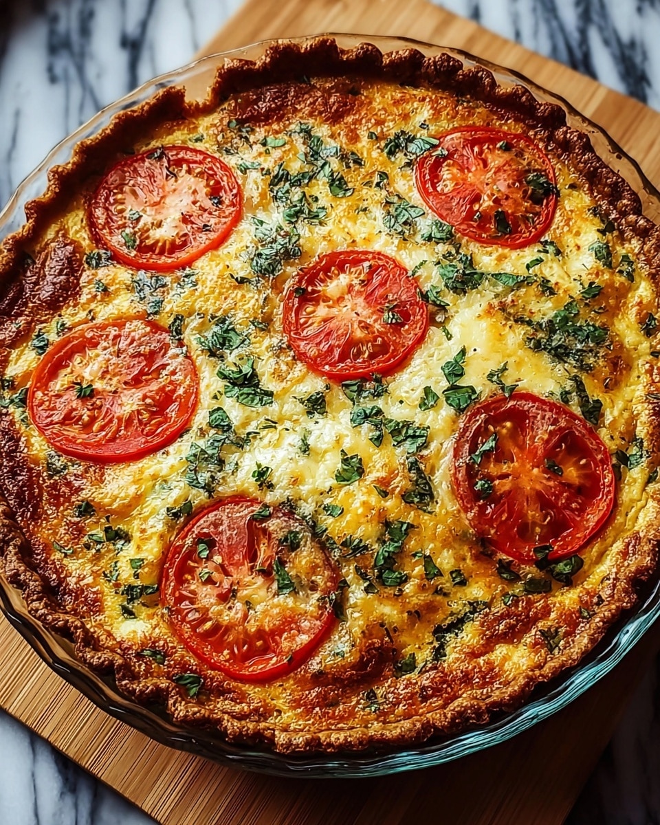 A round pie with a golden-brown crust sits in a clear glass dish, filled with a layer of melted light yellow cheese mixed with green herbs spread evenly across the top. Bright red and some yellow tomato slices are scattered over the cheese in a single layer, showing juicy textures and slightly browned edges from baking. The surface shows bubbling cheese and herbs roasted to a dark green color. The dish rests on a white marbled surface, and the pie looks hot and fresh. Photo taken with an iphone --ar 4:5 --v 7