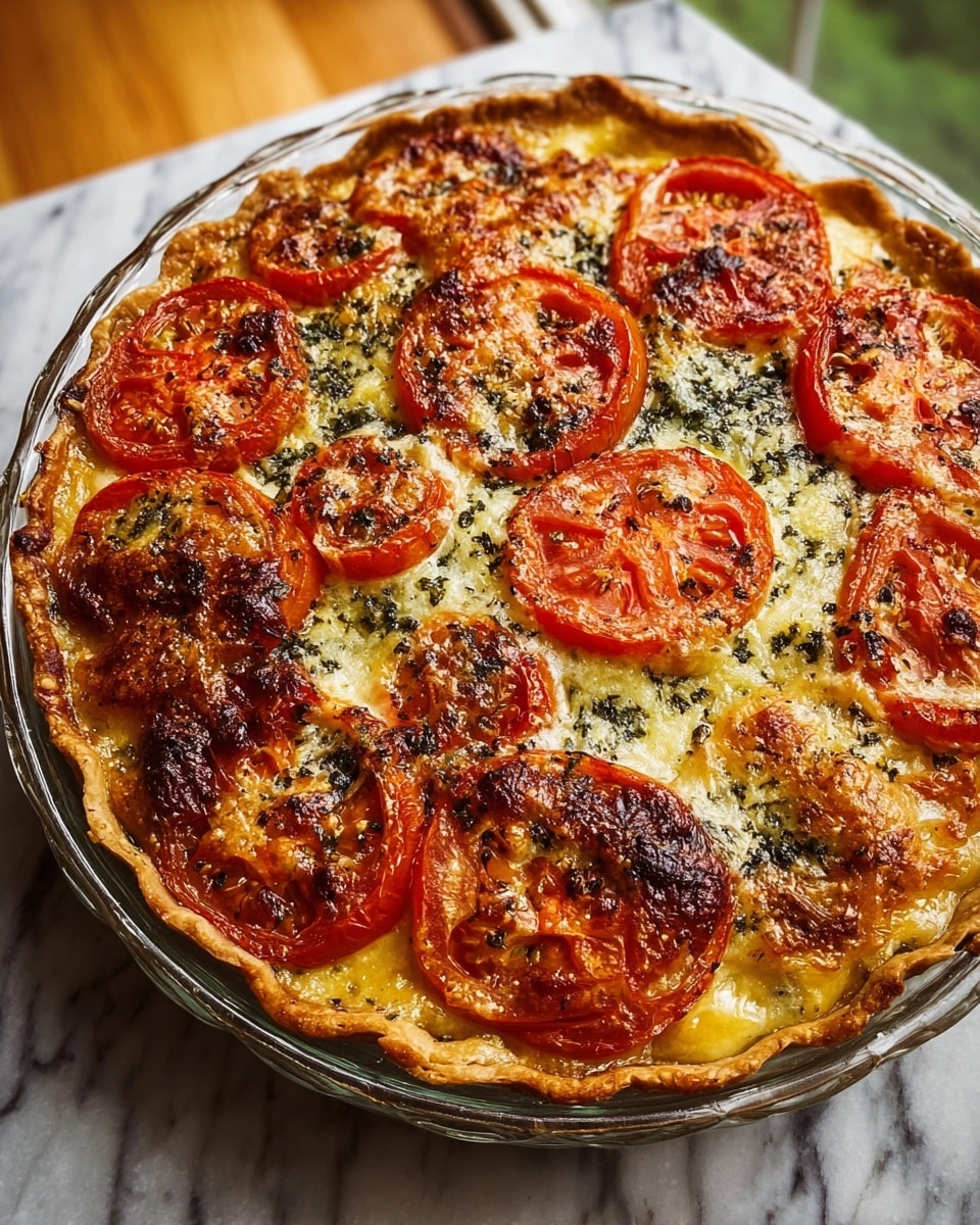 A round, golden-brown baked quiche with a slightly crispy edge in a clear glass pie dish sitting on a wooden board. The top layer shows melted cheese with a bubbly texture, mixed with scattered fresh green herbs. Several bright red tomato slices with visible seeds are evenly placed on the surface, adding vibrant color contrast. The filling beneath the cheese appears dense and creamy with hints of a yellowish egg base. The quiche is well-cooked with a mix of browned and light spots, capturing a warm and inviting look. The background features a white marbled texture. photo taken with an iphone --ar 4:5 --v 7