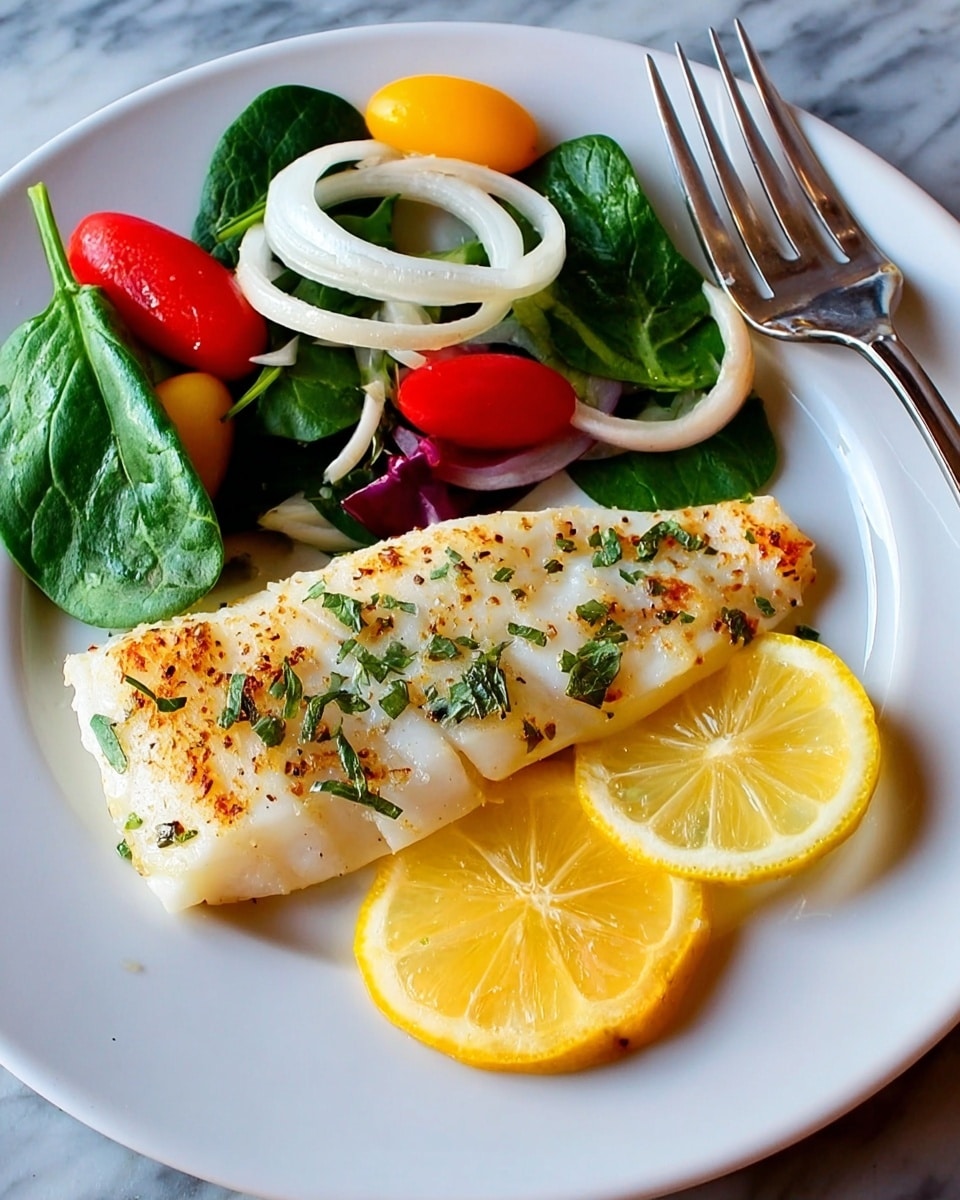 A white plate with a piece of grilled fish fillet that is light golden with some browned spots, sprinkled with green herbs, placed slightly off-center. To the right of the fish, there are two lemon slices, one whole round slice and one cut in half, yellow with a textured surface. On the left side, there is a small salad with dark green spinach leaves, red cherry tomatoes, a yellow cherry tomato, and several white onion rings on top. A silver fork rests on the right edge of the plate. The background is a white marbled surface. photo taken with an iphone --ar 4:5 --v 7