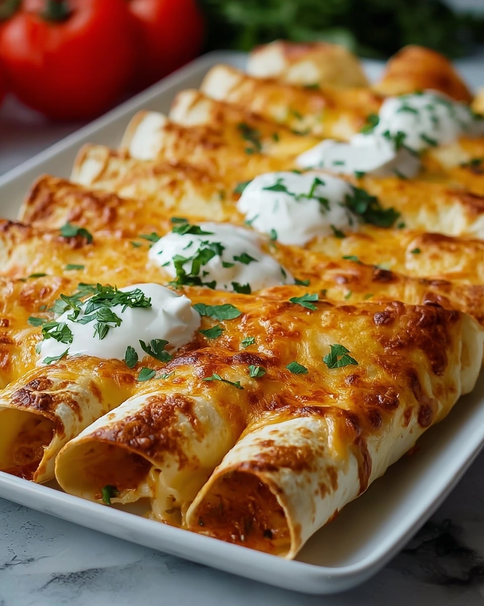 A white rectangular plate holds six rolled enchiladas, each covered in a golden-brown melted cheese layer that looks bubbly and slightly crispy. The tortillas underneath are light beige and soft, neatly rolled side by side. Dollops of white sour cream sit on top of some enchiladas, with bright green chopped cilantro sprinkled all over adding a fresh touch. The plate is placed on a white marbled surface, and the background shows some blurred red tomatoes. photo taken with an iphone --ar 4:5 --v 7