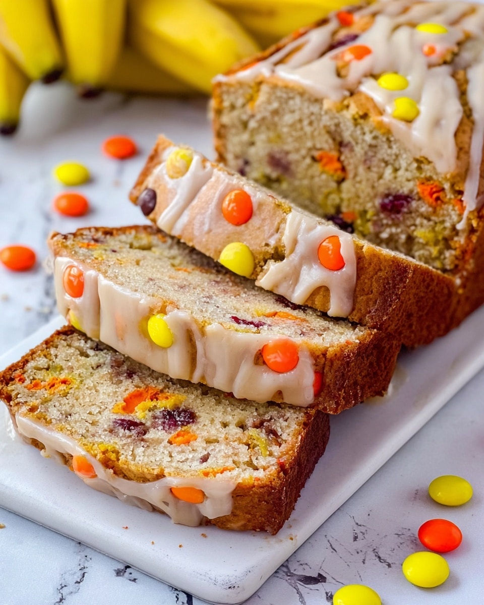 A sliced banana bread loaf is placed on a white rectangular plate on a white marbled surface. The bread has three visible layers of light brown spongy texture, dotted with colorful orange, yellow, and brown candy pieces inside. A light glaze with a smooth, slightly shiny texture drizzles over the top of the loaf, enhancing its moist look. The background shows yellow bananas and scattered candy pieces, adding a bright and fresh touch to the scene. Photo taken with an iphone --ar 4:5 --v 7