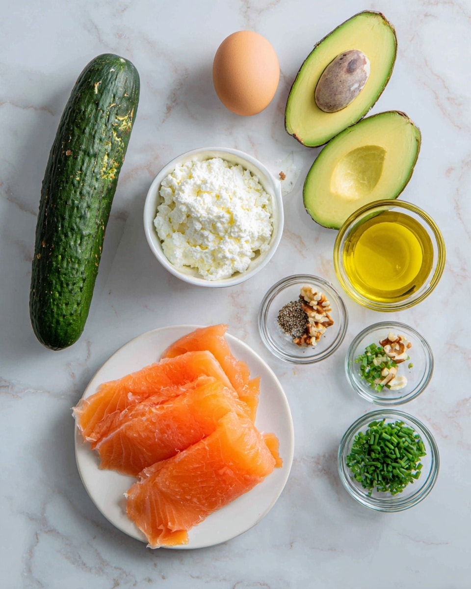 The image shows a clean layout of ingredients on a white marbled surface, including one whole cucumber with a dark green rough texture, two avocado halves with bright green inside and a brown seed in one half, and a plain brown egg. There is a white bowl filled with white, creamy cottage cheese in the center. Next to it, there is a small clear glass bowl with golden yellow olive oil, and three other small clear glass bowls containing chopped nuts, finely chopped green chives, and black pepper powder. A white plate at the bottom has several thin, bright orange slices of smoked salmon arranged flat and slightly overlapping. photo taken with an iphone --ar 4:5 --v 7