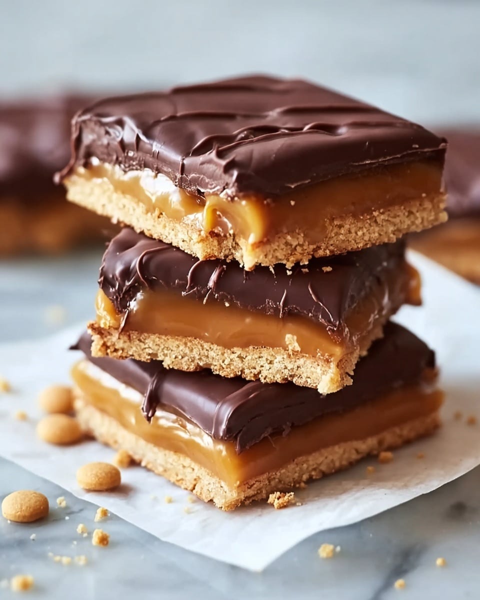 A close-up of a stack of three square desserts, each with three distinct layers: a thin light brown biscuit base, a thick middle layer of gooey golden caramel oozing slightly on the edges, and a top smooth dark chocolate layer with light ripples. The edges of the chocolate layer are clean but have a slight uneven texture showing the caramel inside. The stack is placed on white parchment paper with small round light brown biscuit crumbs around it, all set on a white marbled surface. Photo taken with an iphone --ar 4:5 --v 7