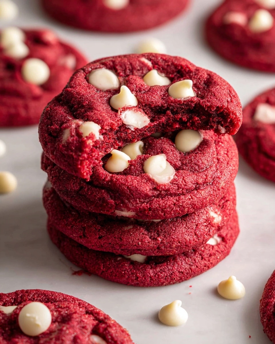A stack of three thick, soft red velvet cookies with a rough, slightly cracked texture is centered in the image, each cookie deep red in color and studded on top with several smooth, creamy white chocolate chips. The top cookie has a bite taken out, revealing a moist, tender inside with a few white chips embedded within. Surrounding the stack are more red velvet cookies, each topped with scattered white chocolate chips, all resting on a white marbled texture surface. Some loose white chocolate chips are scattered around the cookies, enhancing the visual contrast. photo taken with an iphone --ar 4:5 --v 7