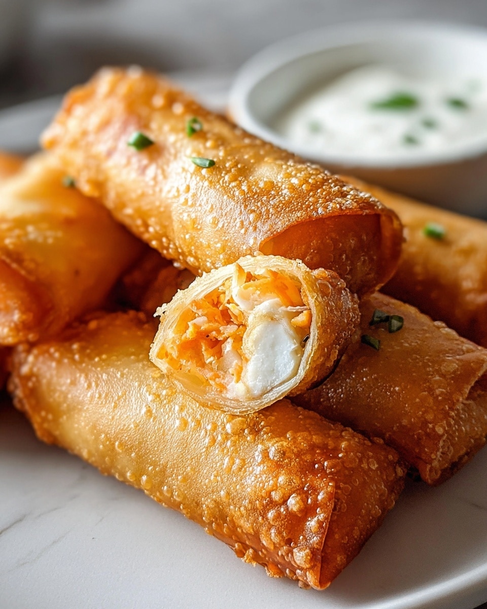 The image shows four golden-brown crispy rolls on a white plate placed on a white marbled surface. Each roll has a bubbly, crunchy texture on the outside with a fried, slightly oily look. One roll is cut in half showing a soft, creamy white cheese layer inside mixed with shredded orange pieces, likely buffalo chicken, giving a contrast of creamy white and bright orange in the middle. Small green herb bits are lightly scattered on the rolls, adding a touch of color. In the background, a blurred white bowl with a creamy sauce can be seen. photo taken with an iphone --ar 4:5 --v 7
