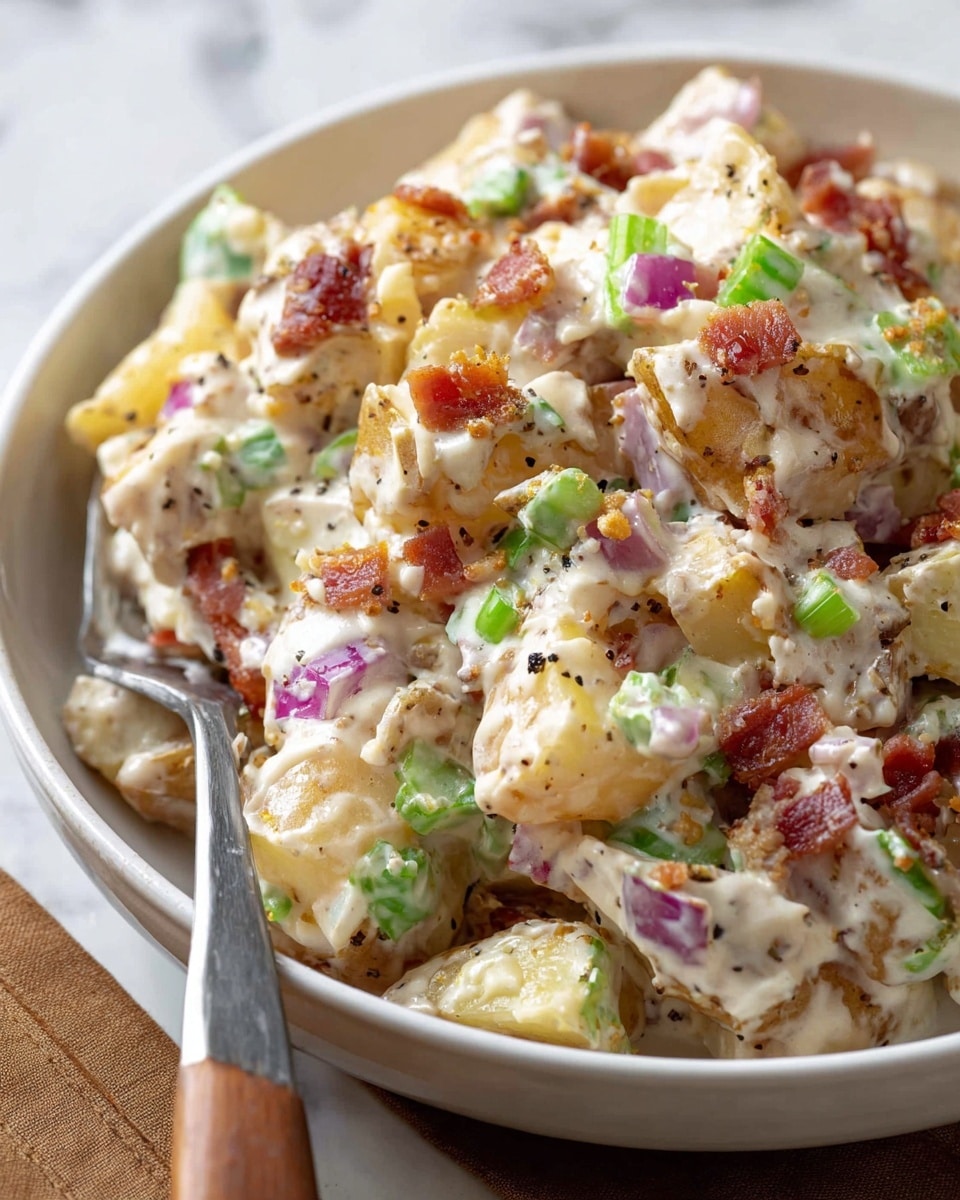 A close-up view of a creamy potato salad served in a white bowl, showing a mix of chopped ingredients. There are about four distinct layers visible: soft golden potatoes with rough edges, small crispy reddish-brown bacon pieces scattered throughout, light green celery chunks adding a fresh crunch, and finely chopped red onions with a soft purple hue. The dish is coated evenly in a thick white creamy dressing with tiny black pepper specks. A silver fork with a wooden handle rests on the edge of the bowl, and everything is set against a white marbled background. photo taken with an iphone --ar 4:5 --v 7