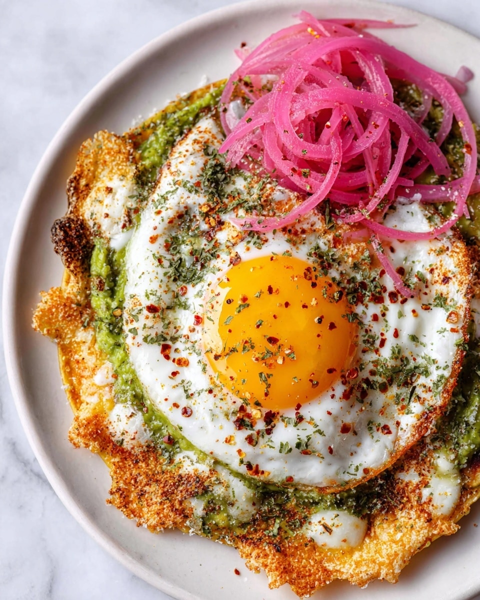 The dish shows a close-up of a white plate with a tortilla base covered with a spread of green mashed avocado. On top of the avocado, there is a crunchy layer of golden, lacy melted cheese that extends unevenly around the edges. Centered on the cheese is a sunny-side-up fried egg with a bright, glossy yellow yolk and cooked white with slightly crispy edges. Thin, curly, pink pickled onions sit on one side of the egg. The egg white is sprinkled with dried herbs and red pepper flakes, adding texture and color contrast. The plate rests on a white marbled surface. photo taken with an iphone --ar 4:5 --v 7