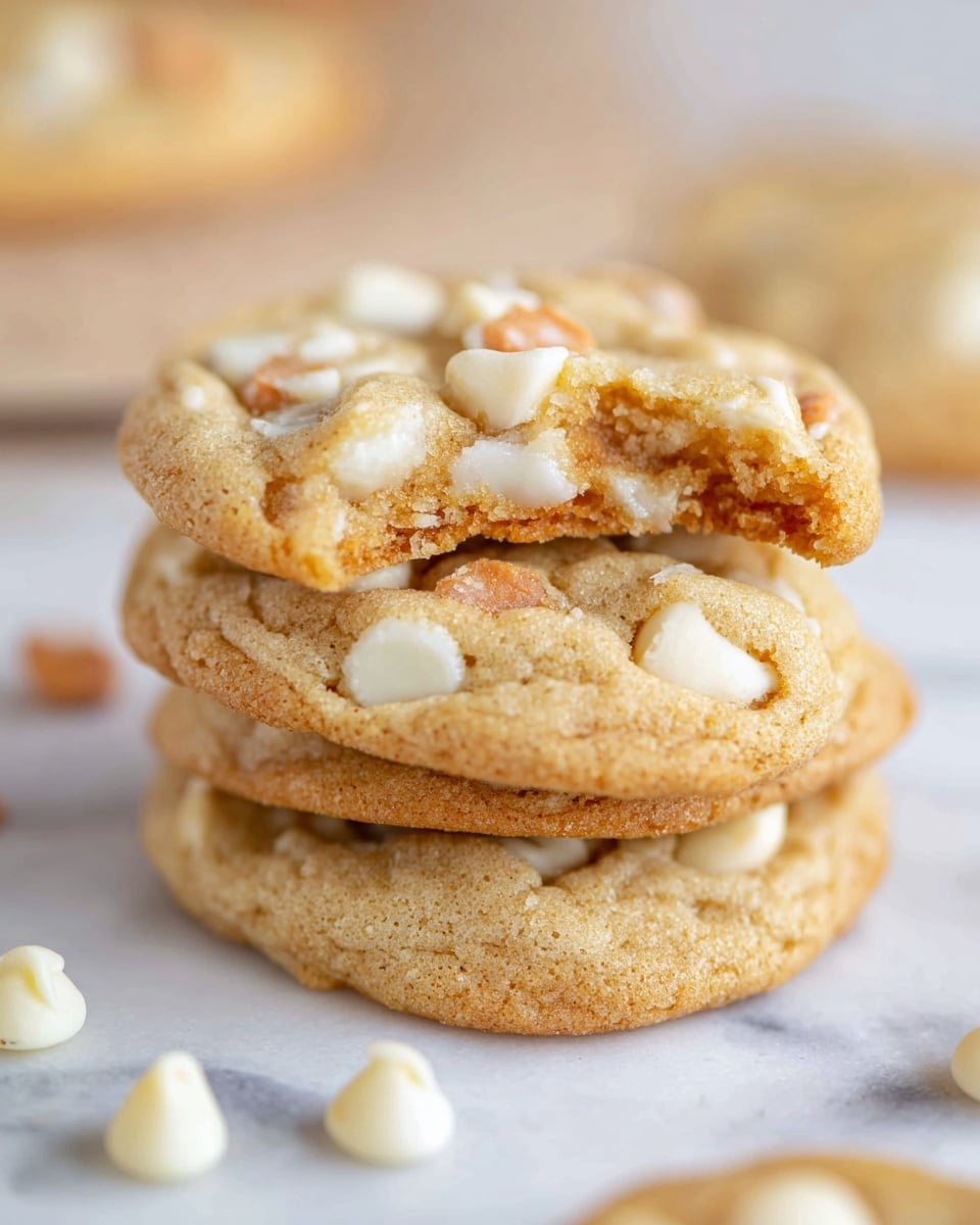 A close-up view of a stack of three soft cookies on a white marbled surface, the top cookie has a bite taken out of it showing a chewy interior with white and light brown chips scattered throughout. The cookies are light golden brown with slightly rough, crumbly texture, highlighted by the smooth, shiny appearance of the chips embedded in the dough. A few loose chips are placed on the surface near the cookies, adding more visual interest. In the background, blurred cookies are slightly visible. photo taken with an iphone --ar 4:5 --v 7