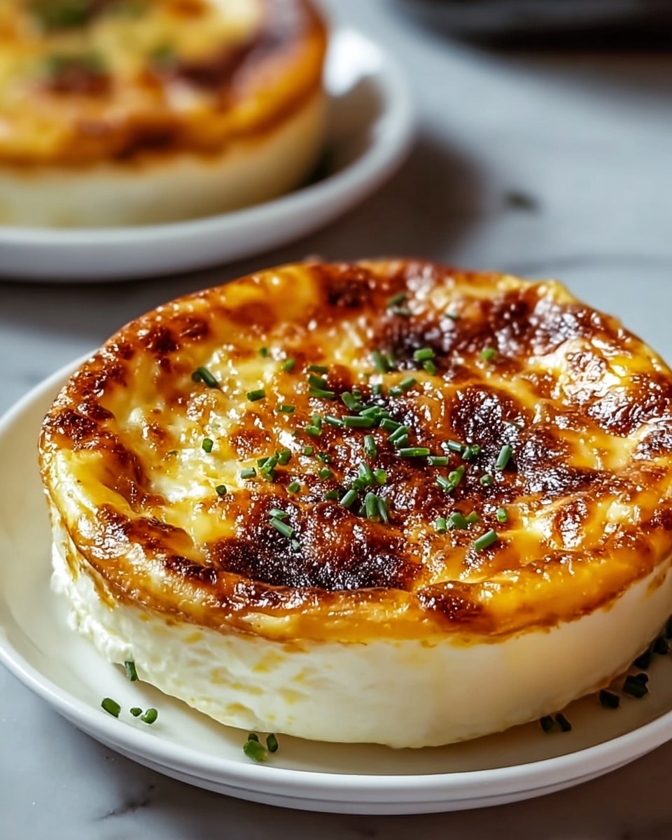 A round, single-layer baked cheese dish sits in a white shallow bowl, showing a rich golden brown top with deeper caramelized spots and a slightly wrinkled texture. The edges reveal a thick, creamy white cheese layer beneath the browned surface, and small green chive pieces are sprinkled evenly on top, adding color contrast. The bowl rests on a white marbled surface, with another similar dish blurred softly in the background. photo taken with an iphone --ar 4:5 --v 7