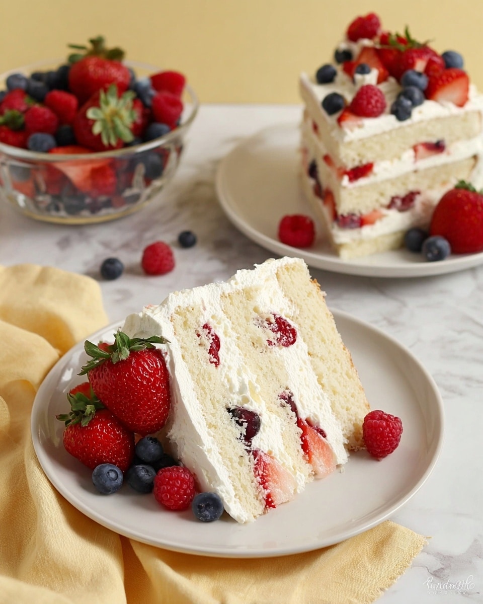 A white plate holds a slice of three-layer white cake with thick white cream between each layer and visible pieces of strawberries and blueberries inside the cream. The cake slice is decorated with more fresh strawberries, blueberries, and raspberries along the edges. In the background, there is another white plate with a larger slice of the same cake, also decorated with berries. Nearby, a clear glass bowl contains a mix of strawberries, blueberries, and raspberries. The plates and bowl are placed on a white marbled surface with a soft yellow cloth partially under the front plate. Photo taken with an iphone --ar 4:5 --v 7