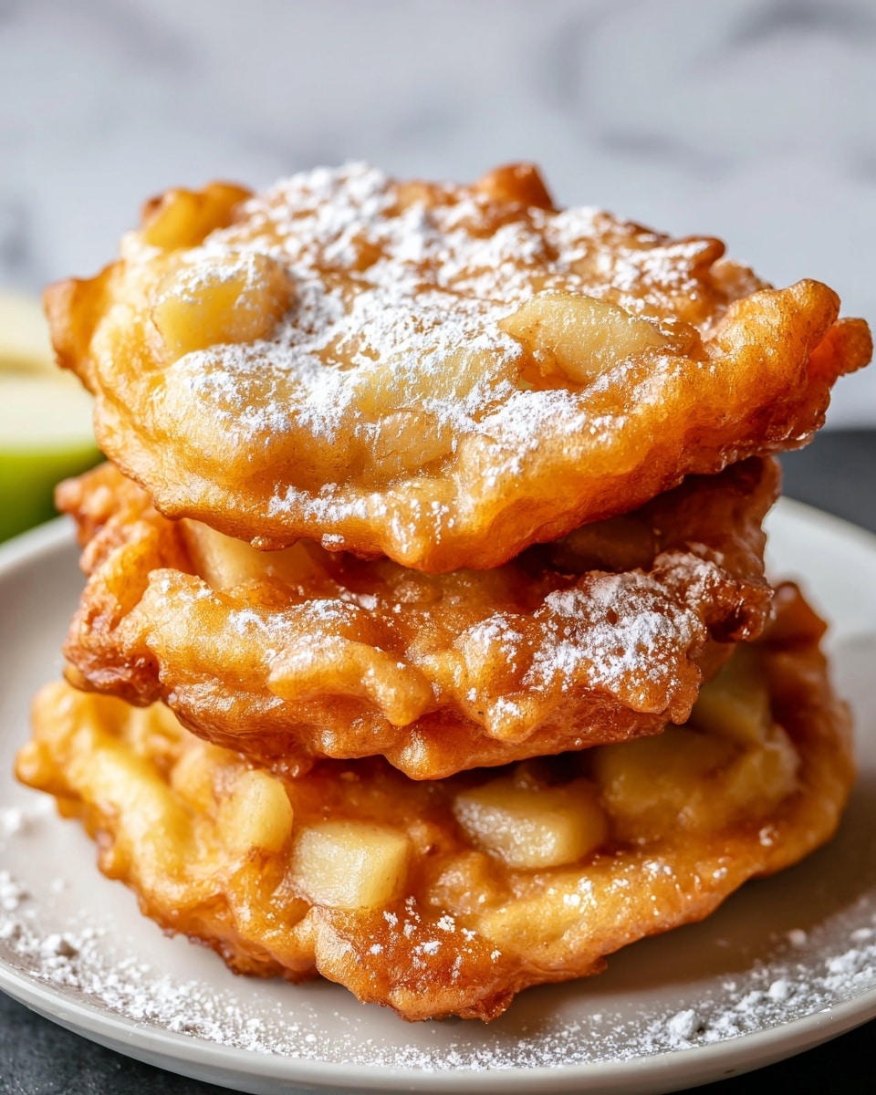 A stack of three golden-brown apple fritters sits on a white plate, each fritter featuring soft, slightly translucent apple chunks embedded in a crispy, fried batter. The fritters are unevenly shaped with a rough, textured surface, and the top fritter is dusted with a light layer of powdered sugar, which also lightly falls around the base on the plate. The white plate rests on a white marbled surface, creating a clean and bright background that contrasts with the rich warm colors of the fritters. photo taken with an iphone --ar 4:5 --v 7