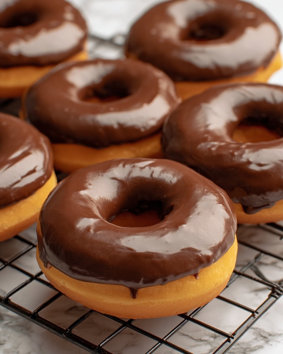 The image shows six doughnuts covered with thick, shiny chocolate glaze on top, arranged on a black wire cooling rack. Each doughnut has a golden-brown base with the smooth, dark chocolate layer covering the top half and dripping slightly down the sides. The background is a white marbled surface. photo taken with an iphone --ar 4:5 --v 7