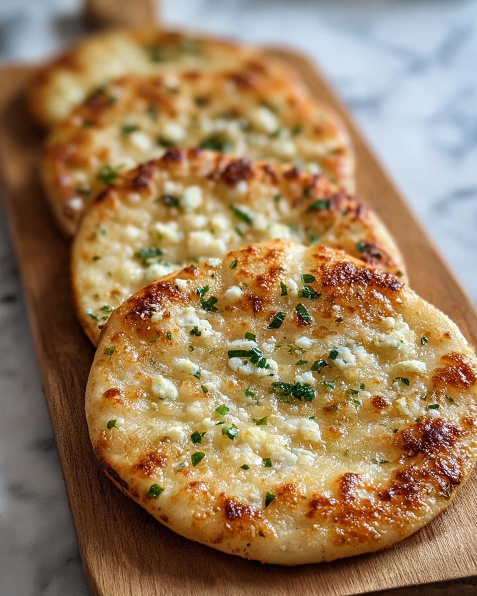 Four flat, round breads are aligned in a row on a wooden board, each with a golden-brown crust and bubbly texture. The breads have melted cheese spread on top, which is slightly browned and bubbly with a mix of white and light tan colors. Small green herb pieces are scattered evenly over each bread, adding a fresh touch. The surface beneath the board is a white marbled texture, and the focus is on the nearest bread with the others softly blurred in the back. photo taken with an iphone --ar 4:5 --v 7