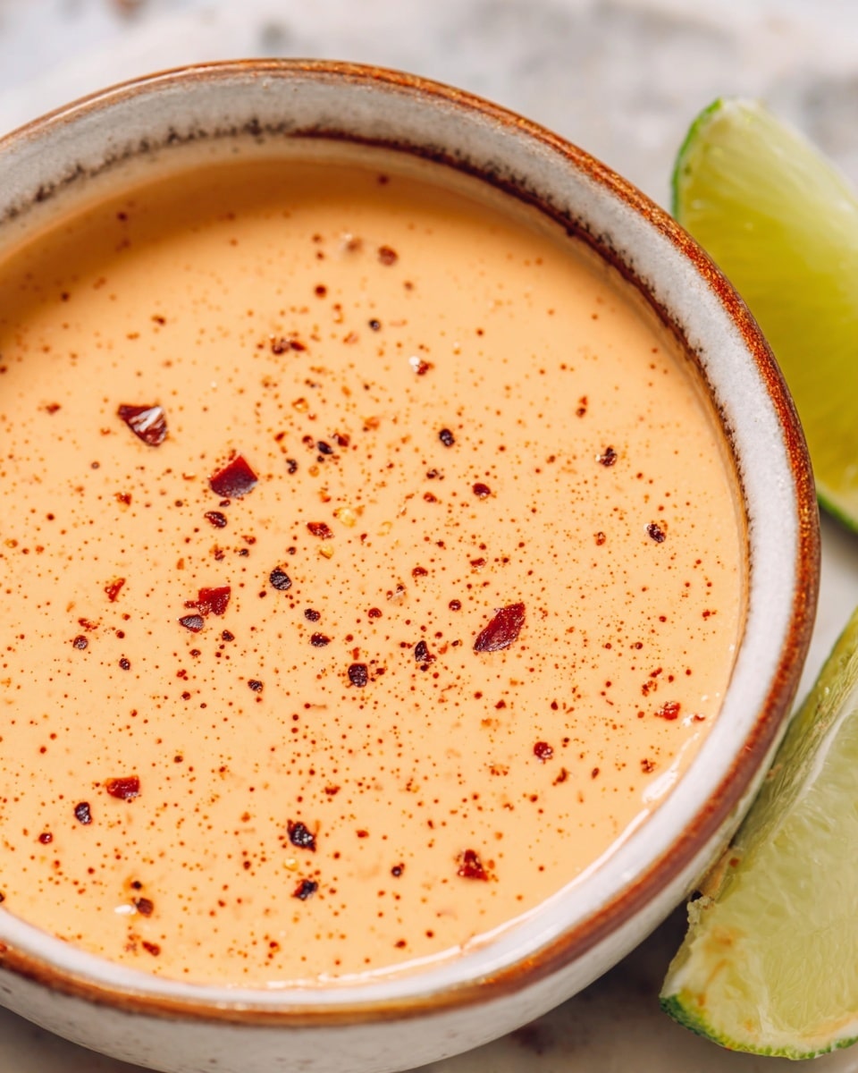 A creamy sauce with a smooth, light orange color is seen in a white bowl with a slightly darker rim. The sauce has small red chili flakes sprinkled evenly on its surface, adding a bit of texture and color contrast. Around the bowl, there are three lime wedges with bright green rinds and pale green flesh, placed on a white marbled surface. A white spatula with a beige head lies next to the bowl, with some traces of the orange sauce on its tip. photo taken with an iphone --ar 4:5 --v 7