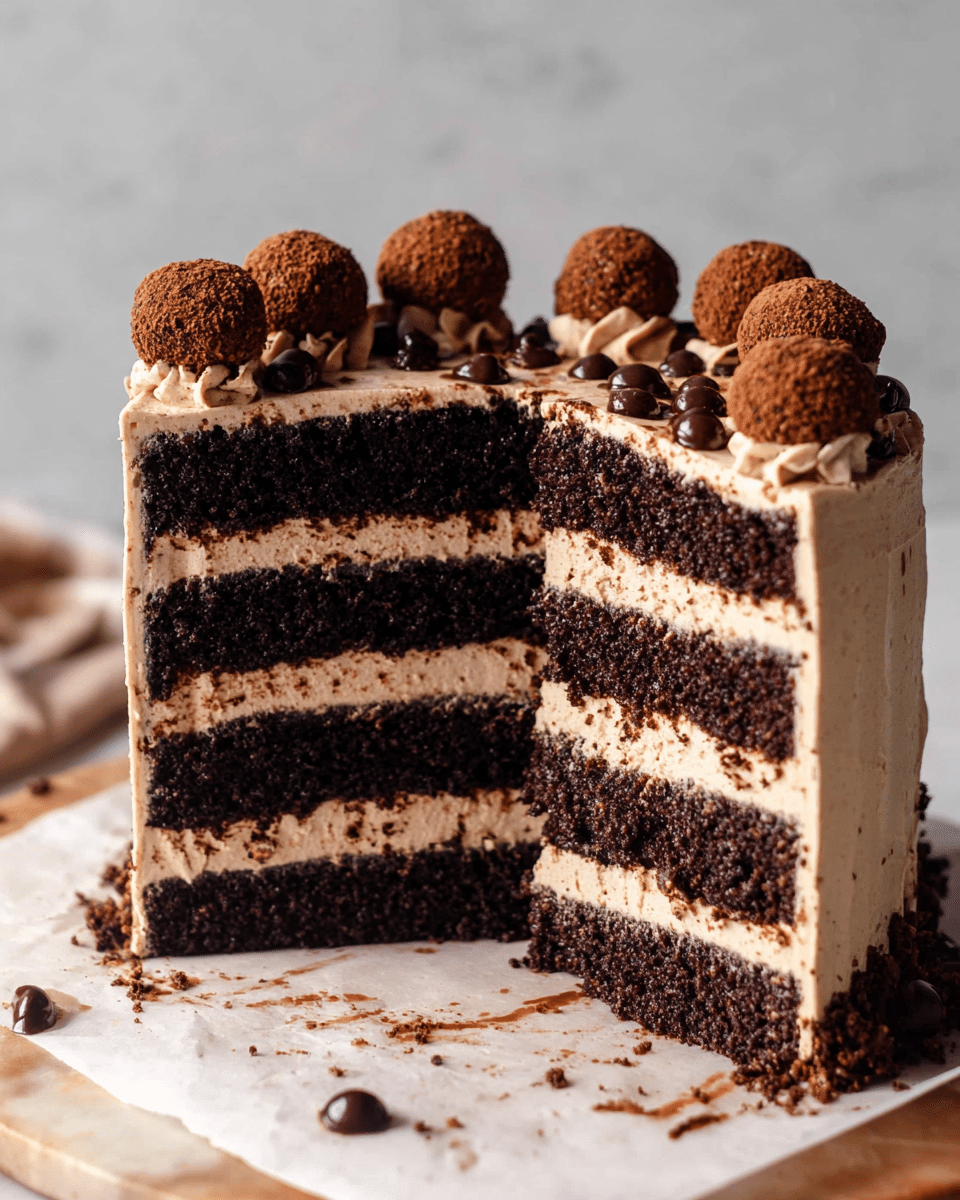A tall chocolate layer cake sliced to show four thick dark brown sponge layers separated by creamy light brown frosting layers, all covered with the same frosting on the outside. The top is decorated with round cocoa-dusted truffles arranged around the edge and small drops of dark chocolate sauce on the frosting. The cake sits on white parchment with chocolate crumbs and sauce drops visible, on a white marbled surface. The lighting highlights the moist texture of the cake and the smooth frosting. Photo taken with an iphone --ar 4:5 --v 7