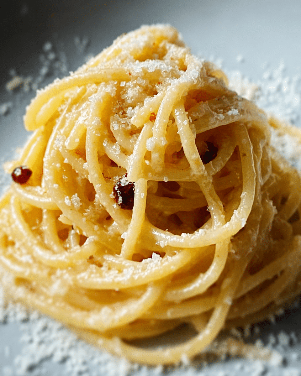 A close-up image of a small mound of spaghetti pasta on a white plate, the pasta strands are light golden yellow, smooth, and slightly shiny with a creamy texture. A few small dark red spots, probably bits of chili or seasoning, are visible spread around in the pasta. The top of the noodles is sprinkled with a light layer of fine white grated cheese, giving a powdery texture. In the background, the surface is a white marbled texture, adding a clean and bright contrast to the dish. Photo taken with an iphone --ar 4:5 --v 7