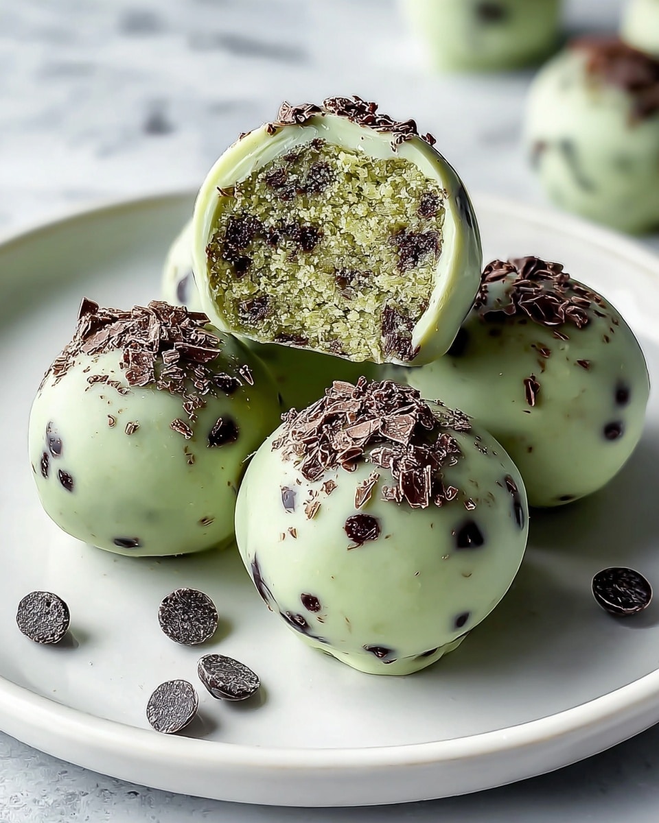 The image shows five round truffles on a white plate with a white marbled texture surface. Each truffle has a smooth light green outer layer with small dark chocolate bits embedded in it. The top of each truffle is garnished with larger chocolate flakes. One truffle is cut in half and placed in the center, showing a dense light green inside mixed with more small chocolate pieces. A few chocolate chips are scattered around the plate. The whole scene has a clean and simple look with soft lighting. photo taken with an iphone --ar 4:5 --v 7