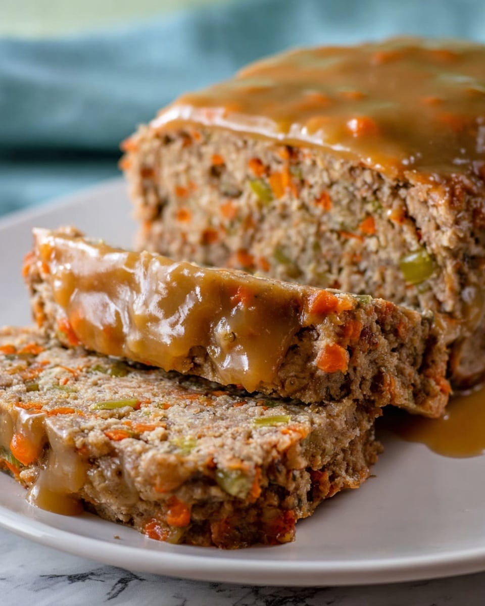 The image shows a close-up of a moist meatloaf sliced into three pieces, with the front slice resting on a white plate. The meatloaf has a rough, crumbly texture with visible small bits of orange carrot and green celery throughout. The top layer is coated with a thick, glossy brown gravy that drips slightly down the sides, giving the meatloaf a shiny appearance. The background features a soft blue cloth, and the surface under the plate is a white marbled texture. photo taken with an iphone --ar 4:5 --v 7
