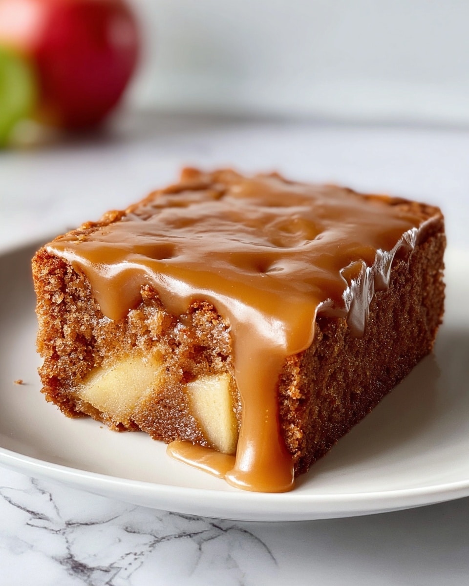 A square piece of moist brown cake with visible chunks of light yellow apple baked inside is placed on a white plate. The cake is covered with a shiny, smooth caramel-colored glaze that drips slightly down the sides, giving it a glossy finish. The texture of the cake looks soft and crumbly, contrasting with the smooth glaze on top. The background shows a white marbled surface adding to the clean and simple setting. Photo taken with an iphone --ar 4:5 --v 7