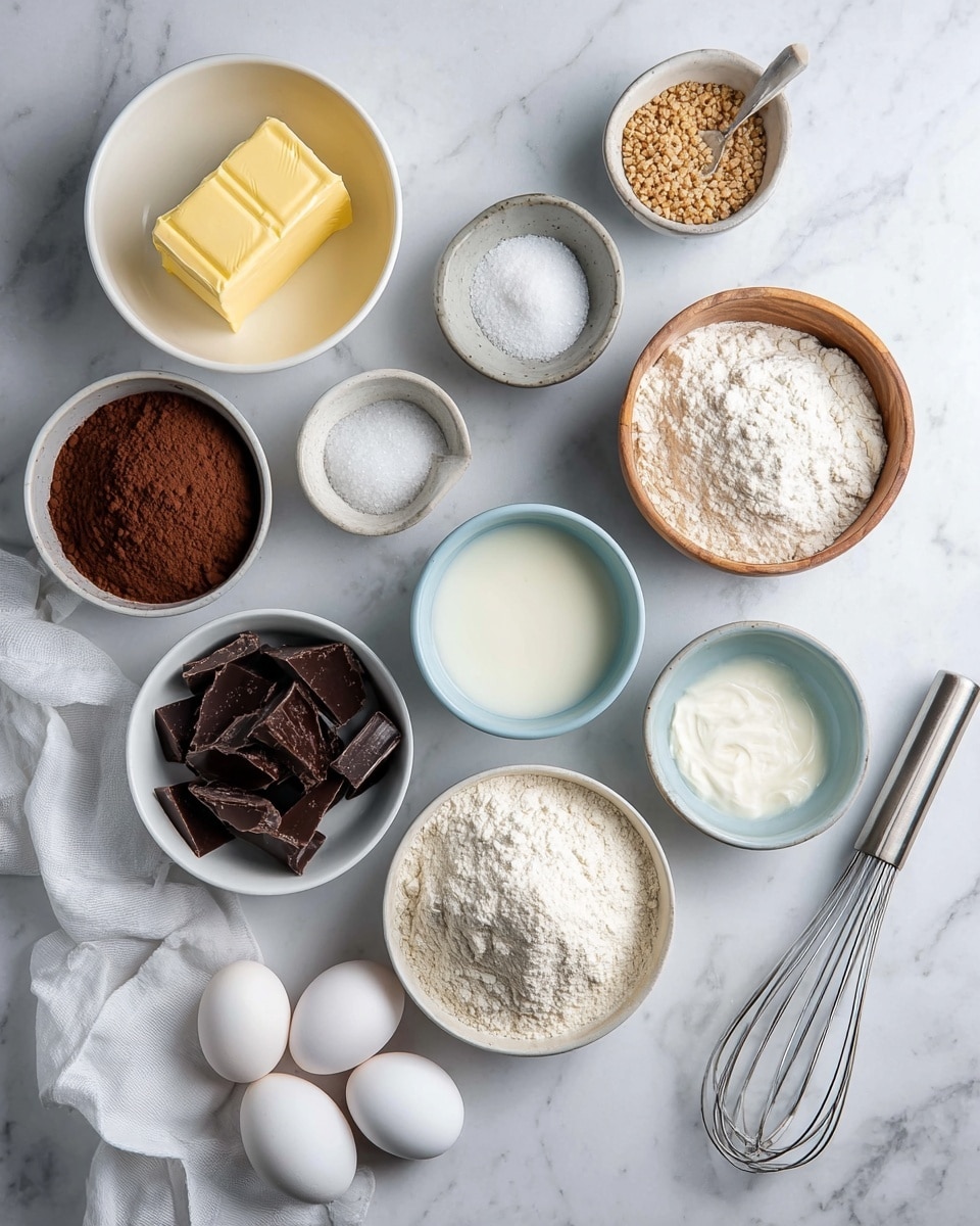 A top view of a white marbled surface with various baking ingredients arranged neatly: a white bowl with a light yellow block of butter on oil at the top left, a gray bowl with white powder next to it on the right, a small wooden bowl of salt below that, and a pale blue bowl of milk below the salt. In the center, a white bowl holds light brown flour, below it a white bowl with dark chocolate chunks, and to the left a white bowl with a light powdered ingredient. A white bowl with cocoa powder is at the top left and a white bowl with cream is at the bottom left, close to three white eggs at the bottom center. A small white dish with brown and white granules is near the eggs to the right, next to a metal whisk. A white cloth is partially seen on the bottom left corner. photo taken with an iphone --ar 4:5 --v 7