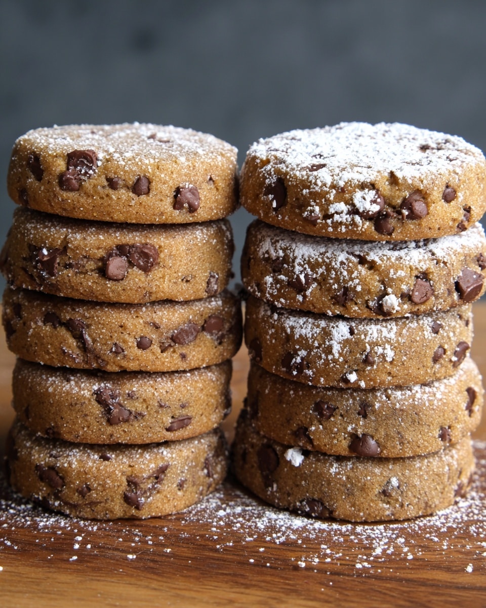 The image shows two stacks of round chocolate chip cookies on a wooden surface. The left stack has six cookies, each thick and speckled with small pieces of chocolate. The right stack has three cookies, dusted lightly with powdered sugar on top, showing a softer texture. The cookies have a golden-brown color with visible chocolate bits inside. The background is a simple dark gray, and the surface beneath the cookies is a white marbled texture. photo taken with an iphone --ar 4:5 --v 7