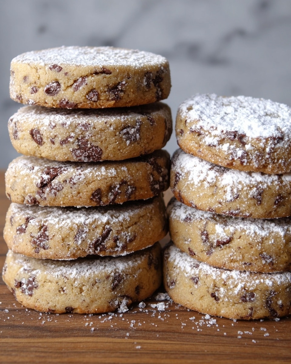 Two stacks of round chocolate chip cookies are shown on a wooden surface with a white marbled texture behind. The left stack has six cookies with a light brown color, speckled with dark chocolate chunks, and a light dusting of powdered sugar visible on parts of the edges and surface. The right stack has three cookies, similar in color and texture, with a heavier dusting of powdered sugar covering the top cookie. The cookies look soft and slightly thick, with a rough texture from the chocolate pieces inside. Photo taken with an iphone --ar 4:5 --v 7