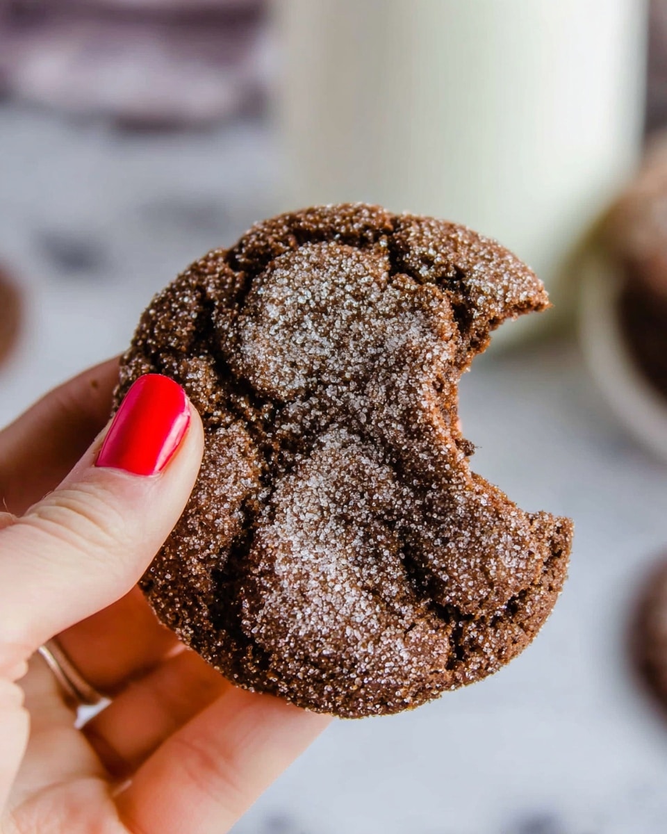A close-up shot of a dark brown cookie covered generously with granulated sugar, showing a bite taken from its right side. The cookie has a rough and grainy texture with lighter and darker brown patches. A woman's hand with bright red nail polish is holding the cookie delicately between thumb and forefinger, with the thumb visible at the top left and forefinger at the bottom center. The background is softly blurred but shows a white container and a white marbled surface, creating a clean and simple setting. Photo taken with an iphone --ar 4:5 --v 7