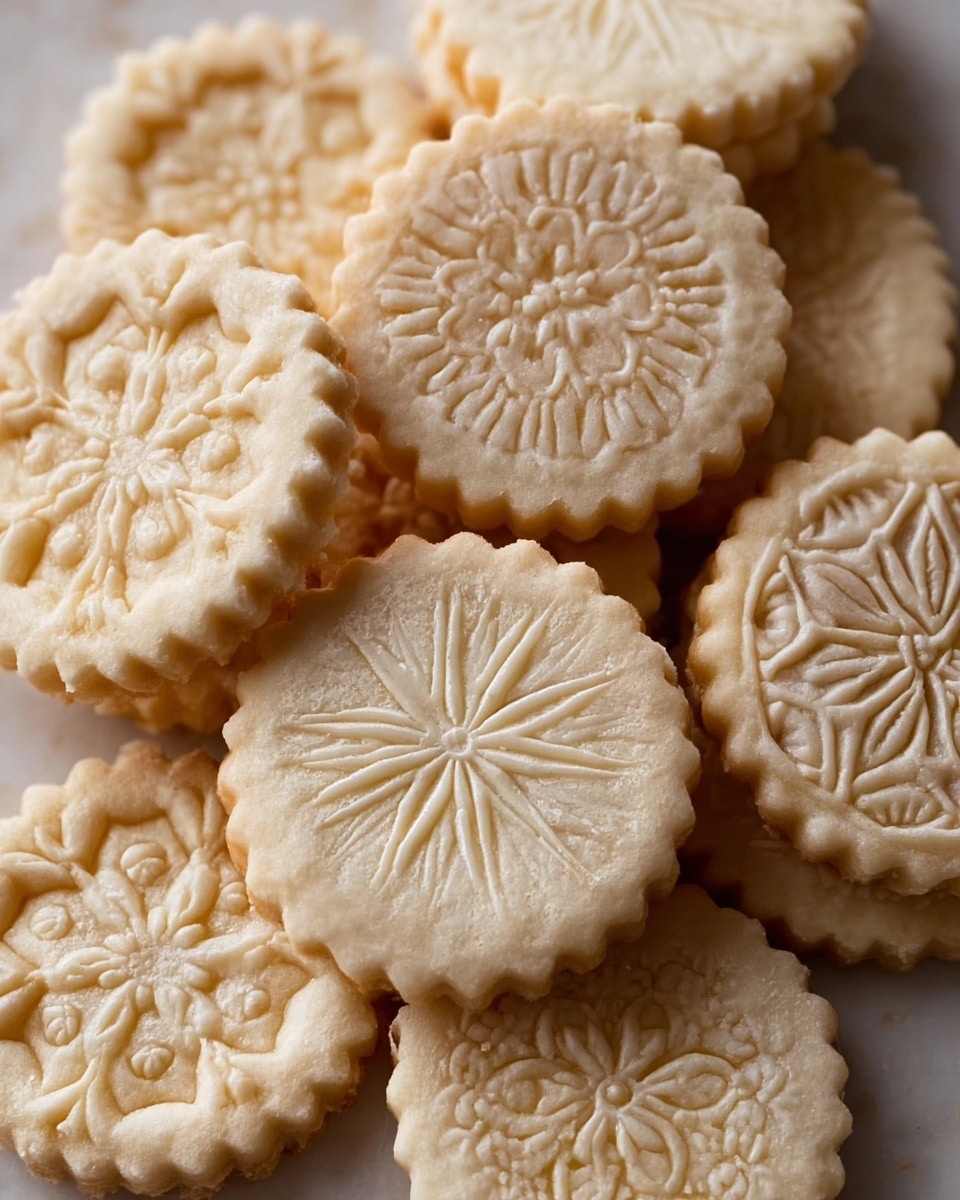 A pile of round, pale beige cookies with scalloped edges is shown on a white marbled texture. Each cookie has one layer and is decorated with different detailed floral and geometric patterns pressed into the dough. The cookies vary slightly in color, with some parts a little darker due to baking. The image focuses closely on the cookies, showing their soft, crumbly texture and delicate designs across the visible surfaces. photo taken with an iphone --ar 4:5 --v 7