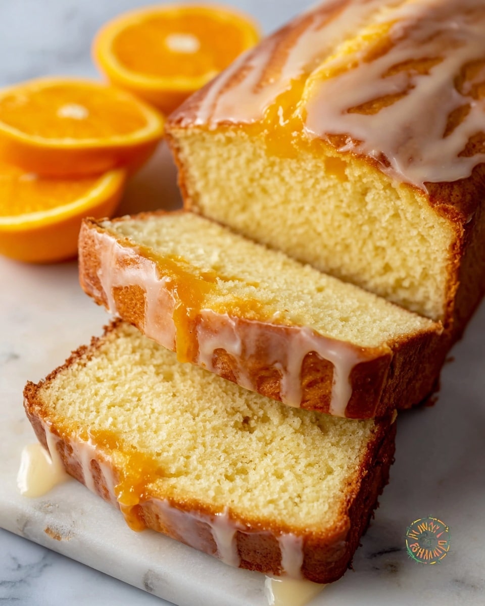 The image shows a loaf of orange-flavored cake with two thick slices cut and placed in front of the main loaf on a white marbled surface. The cake has three visible layers: the soft yellow inside crumb, a thin layer of creamy orange glaze running through the middle, and a shiny orange glaze drizzled over the top crust. The top layer has a light golden-brown color with the glaze slightly pooling on the edges. On the left side of the cake, there are a few bright orange slices adding a fresh touch to the scene. Photo taken with an iphone --ar 4:5 --v 7