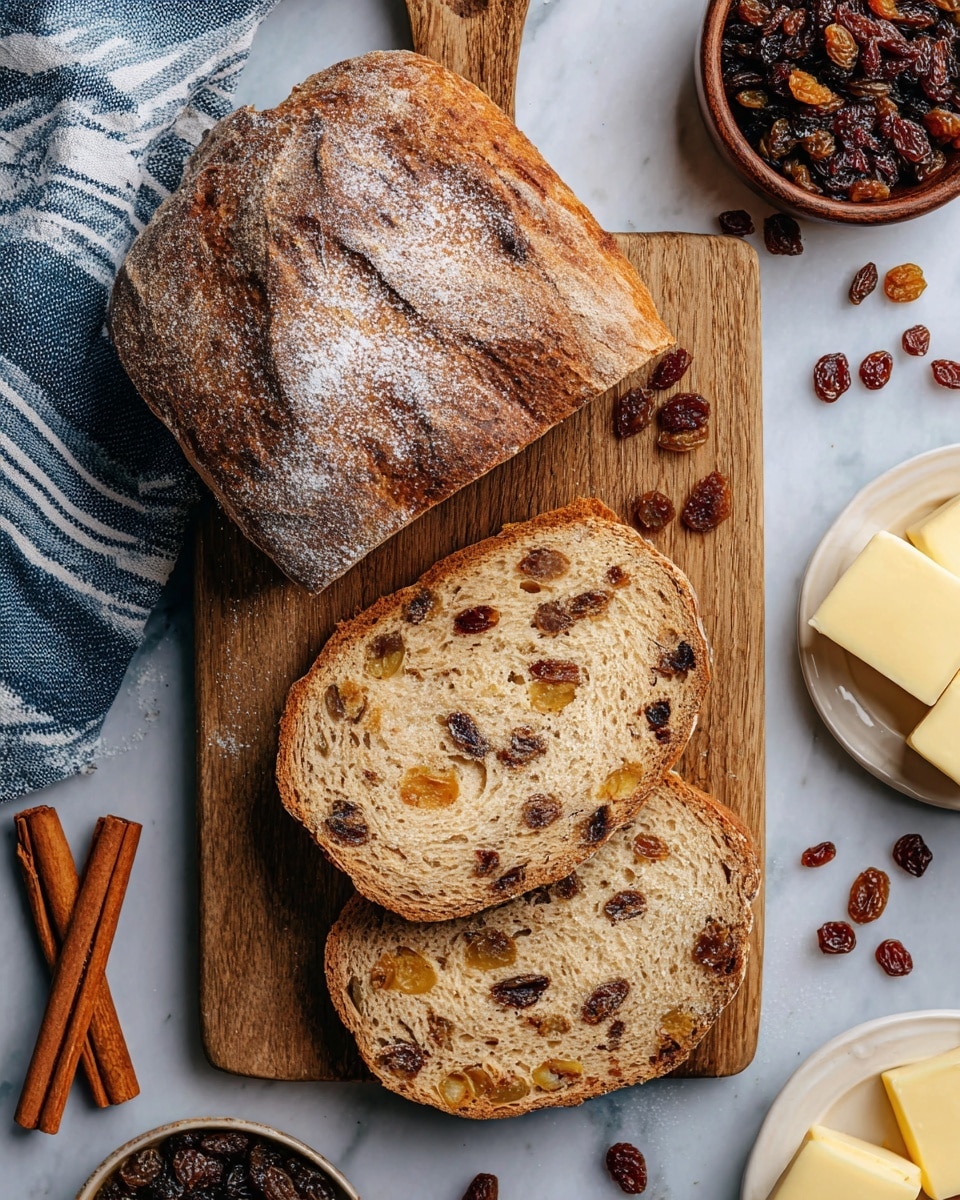 A loaf of raisin bread with a rough, brown crust dusted lightly with flour sits on a wooden cutting board with a handle, half of it sliced into three thick pieces showing a soft beige inside dotted evenly with dark and golden raisins. Around the board are scattered raisins, two cinnamon sticks, a white bowl filled with more raisins, a blue and white striped cloth napkin, and a small white plate with pale yellow butter slices. The whole scene is set on a white marbled texture. Photo taken with an iphone --ar 4:5 --v 7