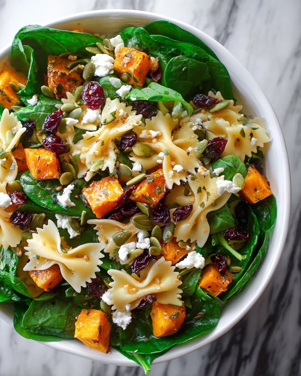 The dish is a fresh salad in a white bowl placed on a white marbled surface. The bottom layer is dark green spinach leaves spread evenly. On top are medium-sized orange roasted butternut squash cubes scattered throughout. There is a layer of pale cream farfalle pasta with a glossy texture, placed randomly but evenly over the spinach and squash. Small brown pumpkin seeds and dark red dried cranberries are sprinkled across the salad. White crumbles of cheese are scattered on top, adding a soft texture contrast, and a light dressing with herbs is drizzled over everything, giving it a shiny finish. photo taken with an iphone --ar 4:5 --v 7