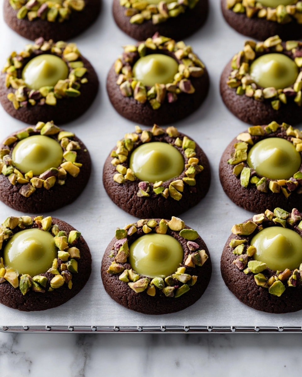 The image shows several dark chocolate thumbprint cookies arranged in neat rows on a white parchment paper-lined wire cooling rack. Each cookie has a smooth, shiny light green pistachio cream filling dolloped neatly in the center, creating one main layer, while some cookies are coated around the edges with chunky green and light brown chopped pistachios, adding a crunchy texture layer around the sides. The cookies have a round, slightly domed shape with a soft, rich color contrast between the dark brown base and the vibrant pistachio topping. The surface beneath the rack has a clean white marbled texture. photo taken with an iphone --ar 4:5 --v 7