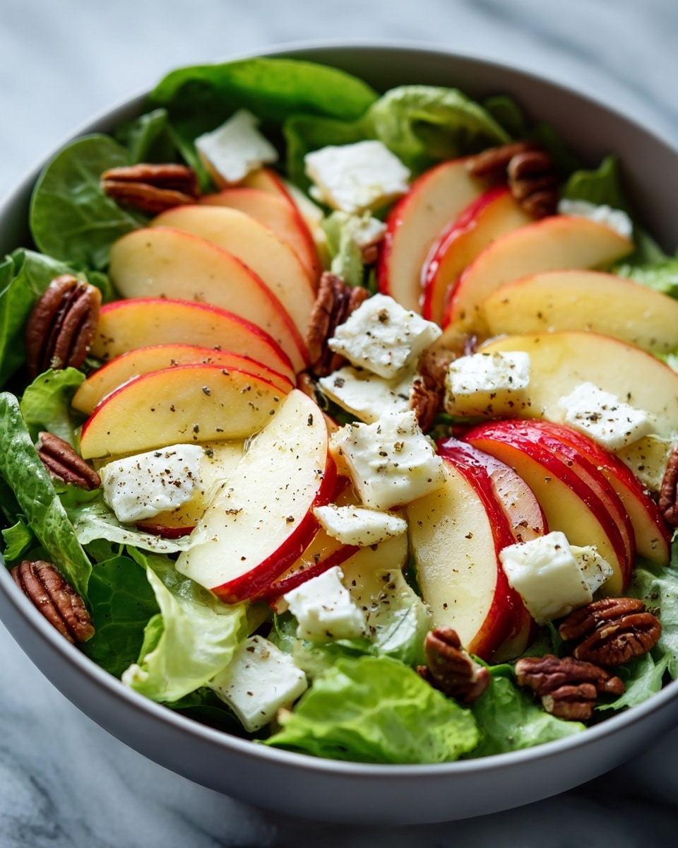 The image shows a white bowl filled with a fresh salad on a white marbled surface. At the bottom, there is a bed of green leafy lettuce with visible textures and curves. On top of the lettuce, there are thin slices of red-skinned apple, arranged in a circular pattern. Scattered across the apple slices are small chunks of white cheese sprinkled with black pepper, adding a speckled look. There are also whole pecans distributed unevenly throughout the salad, adding a brown crunch to the mix. The salad looks fresh, colorful, and textured with layers of green, red, white, and brown. photo taken with an iphone --ar 4:5 --v 7